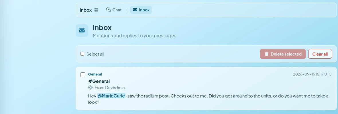 Homework Central's inbox signed in as MarieCurie: one entry under General from DevAdmin, with the message text and an @MarieCurie mention highlighted, timestamped in UTC.